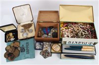 Lot 3372 - Black metal tin containing costume jewellery,...