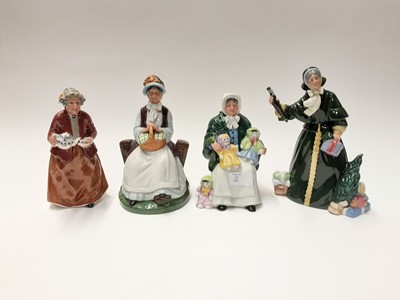 Lot 68 - Four Royal Doulton figures - Christmas Parcels HN2851, Rest Awhile HN2728, Teatime HN2255 and The Rag Doll Seller HN2944