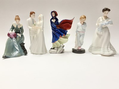 Lot 81 - Five Royal Doulton figures - May HN2746, Dorothy HN3098, Christening Day HN3210, Sleepy Darling HN2953 and Wedding Vows HN2750