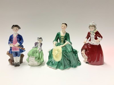 Lot 84 - Seven Royal Doulton figures - A Lady from Williamsburg HN2228, Boy from Williamsburg HN2183, Best Wishes HN3426, Storytime HN3695, Harmony HN4096, First Performance HN3605 and Top O' The Hill HN212...