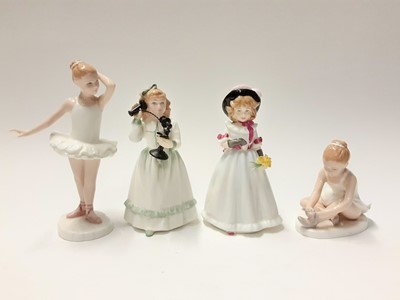 Lot 85 - Eight Royal Doulton figures - What's The Matter HN3684, Ballet Shoes HN3434, Little Ballerina HN3395, Hello Daddy HN3651, Andrea HN3058, Sharon HN3047, Faithful Friend HN3696 and Hometime HN3685