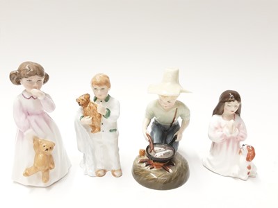 Lot 88 - Eight Royal Doulton figures - River Boy HN2128, My Teddy HN2177, Sleepyhead HN3761, Daddy's Girl HN3435, Buddies HN3396, Let's Play HN3397, Sit HN3123 and Innocence H 3730