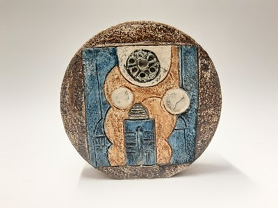 Lot 161 - Troika wheel vase with abstract decoration on brown and blue ground, 19.5cm high, 20cm wide