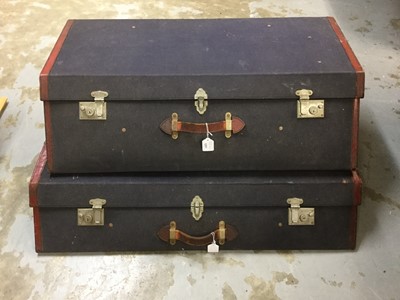Lot 1251 - Fine pair 1930s motoring suitcases in blue canvas with scarlet leather borders and chrome fittings , 96 cm wide