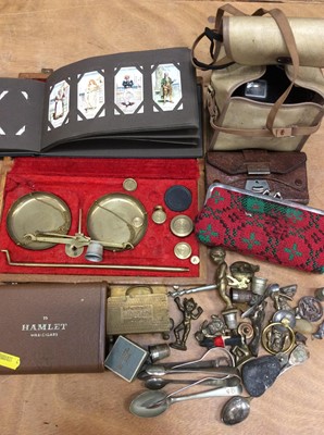 Lot 58 - Set of postal scales in wooden case, together with Cromwell series cigarette cards in album, thimbles and sundries
