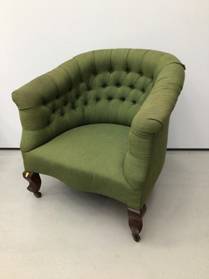 Lot 5 - Early 20th century button upholstered tub chair, green upholstery on cabriole legs