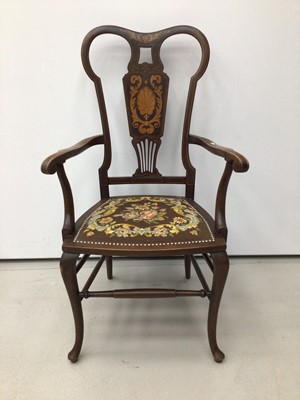 Lot 6 - Edwardian marquetry inlaid elbow chair, together with a Regency mahogany dining chair and pair of Victorian beech and caned side chairs. (4)