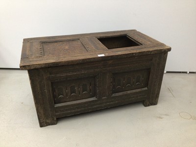 Lot 44 - Small 17th century oak coffer, with dual panel hinged lid and arcade carved front on stiles, the interior with lidded candle box, 94cm wide x 55cm deep x 43cm high