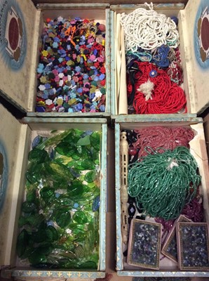 Lot 528 - Collection of vintage micro beads, glass beads, green glass leaves, paste set buckles, antique jewellery parts and bijouterie