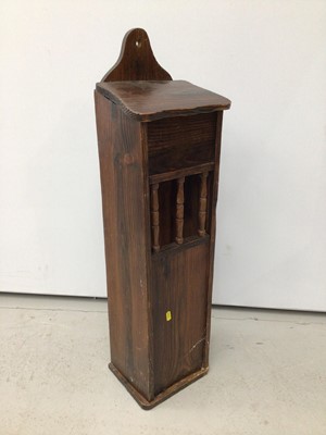 Lot 64 - Antique pine wall hanging cupboard or salt box, accessed from the hinged lid, 88cm high, together with two hanging corner cupboards and one other hanging cupboard. (4)