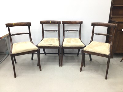 Lot 77 - Set of four rosewood grained beech dining chairs, each with rope twist back and slip in seat on sabre legs