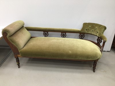 Lot 74 - Edwardian mahogany chaise longue, and ensuite set of four chairs with green velvet upholstery