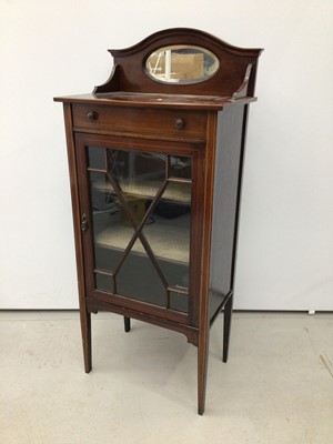 Lot 85 - Edwardian mahogany and inlaid dwarf display cabinet, with mirror gallery and frieze drawer over glazed door on square tapered legs, 55cm wide