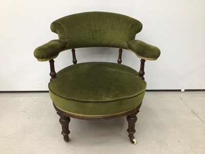Lot 86 - Victorian mahogany tub chair, green upholstery on fluted legs and castors