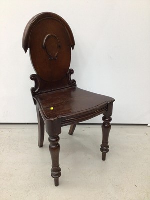 Lot 88 - Victorian mahogany hall chair with spoon shaped back, together with a George III mahogany elbow chair, Victorian carved oak side chair, two tier Victorian dumb waiter and two tier jardiniere stand....