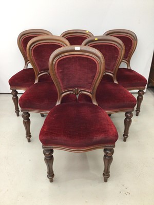 Lot 93 - Set of six Victorian Scottish mahogany balloon back dining chairs upholstered in red velvet with polished mahogany frame, padded backs and seats on carved baluster turned legs