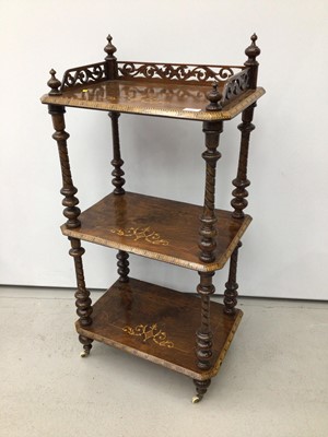 Lot 96 - Victorian inlaid figured walnut three-tier what not with pierced galleried top rail, inlaid foliate marquetry scrolls and parquetry edging on spiral turned supports with original ceramic castors, 5...