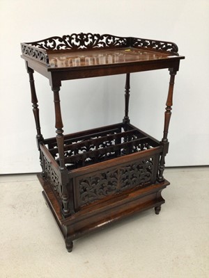 Lot 102 - Good quality Regency rosewood Canterbury what-not with finely pierced gallery, three division Canterbury section below, finely pierced panels and frieze drawer below, 55cm wide x 88cm height x 39cm...