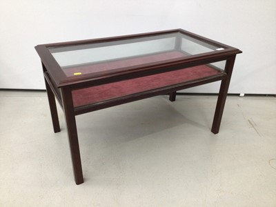 Lot 125 - Mahogany display table/coffe table enclosed by glazed hinged top with velvet lined interior and glazed sides on square moulded chamfered mahogany legs, 84cm wide x 48cm deep x 48cm high
