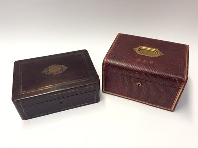 Lot 544 - Victorian rosewood jewellery box with brass inlay decoration and Victorian red leather jewellery box with velvet interior