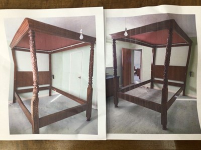 Lot 130 - Georgian style mahogany and stained pine four-poster bed with antique turned and carved mahogany bed posts, approximately 168cm widest point x 223cm length x 212cm high
