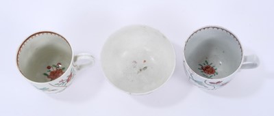 Lot 53 - Lowestoft coffee cup and tea bowl, painted with various insects and flower sprigs within gilded compartments, and a Worcester coffee cup of the same pattern (3)