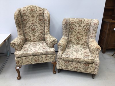 Lot 137 - Georgian style wing back armchair with floral upholstery on cabriole front legs and one other similar chair (2)