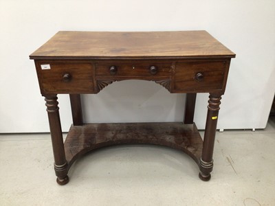 Lot 141 - Victorian mahogany writing table with three drawers on turned legs with shaped undertier, 89cm wide, 50cm deep, 77cm high