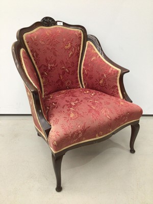 Lot 149 - Edwardian carved mahogany salon suite comprising pair of tub chairs, two seater sofa, open armchair and a pair of side chairs