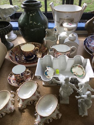 Lot 13 - Group of decorative ceramics to include 19th Century Coalport Imari pattern milk jug, three Continental Porcelain Trencher type salts, and other ceramics
