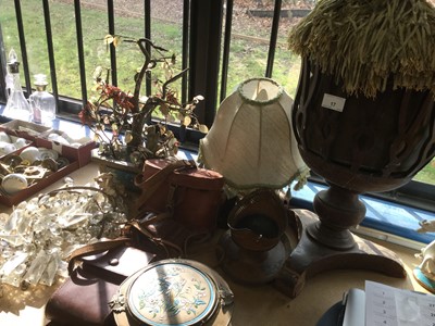 Lot 17 - Japanese Cloisonne enamel and hardstone Bonsai tree, together with other items including a Toleware Chestnut basket, cameras, binoculars, tassels and a wooden jardinere stand