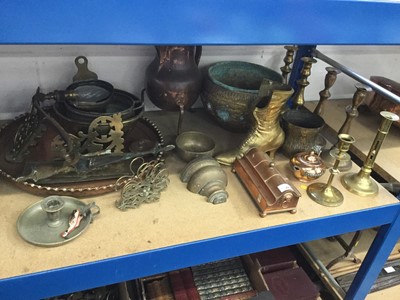 Lot 24 - Brass ejector candlestick, together with other brass candlesticks, copper and brass items (qty)