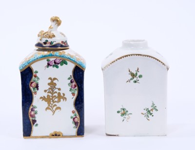 Lot 58 - Lowestoft tea canister and cover, painted in blue with the Robert Browne pattern, with added enamel decoration, and a further Lowestoft tea canister painted with gold and green sprigs