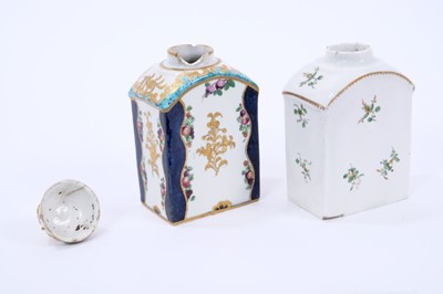 Lot 58 - Lowestoft tea canister and cover, painted in blue with the Robert Browne pattern, with added enamel decoration, and a further Lowestoft tea canister painted with gold and green sprigs
