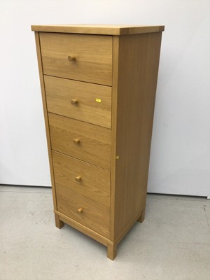 Lot 191 - Contemporary light oak bedroom suite comprising tall narrow chest of five drawers, 48cm wide, 41cm deep, 123cm high, pair of three drawer bedside chests and a double bed, 163cm wide