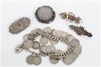 Lot 3380 - Silver coin bracelet, silver coin brooch and...
