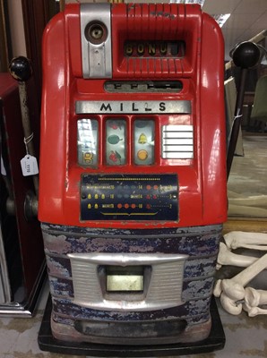 Lot 1111 - Vintage Mills One arm bandit slot machine on sixpence mechanism, approximately 70cm in height