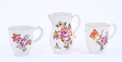Lot 69 - Lowestoft sparrow beak jug and two coffee cups, all painted in the Tulip Painter style, the jug 8.5cm high
