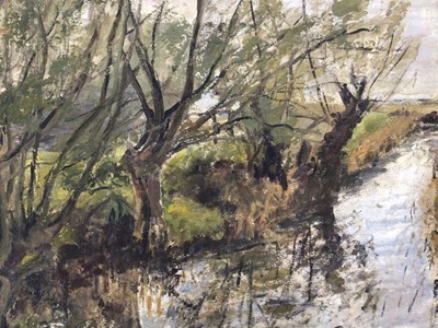 Lot 50 - Audrey Ashton oil - Romney Marsh Dyke, label verso, framed, 42cm x 60cm
Exhibited: Royal Academy 1962