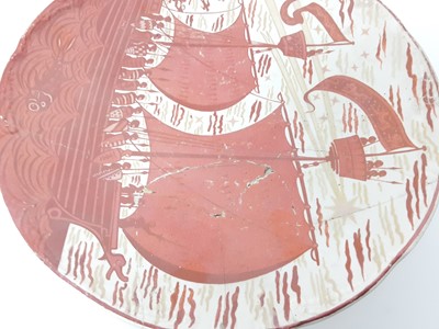 Lot 84 - William de Morgan tazza, c.1890, decorated in red lustre with a galleon by Charles Passenger, signed 'W.D.M Fulham' to base, with CP monogram, 10.5cm height x 23.5cm diameter