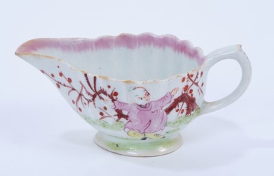 Lot 88 - Bow sauceboat, c.1760, of fluted form, polychrome painted with Chinese figures, 11cm length