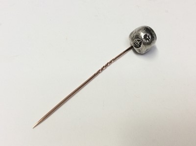 Lot 617 - Thailand - Kingdom of Siam Rama IV circa 1880 silver (Bullet) coin mounted on a yellow metal stick pin, 8cm long in total
