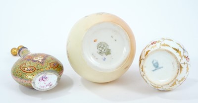 Lot 712 - Highly unusual Coalport porcelain Islamic style scent bottle, together with a Royal Worcester atomiser and silver mounted Wedgwood sent bottle. (3)