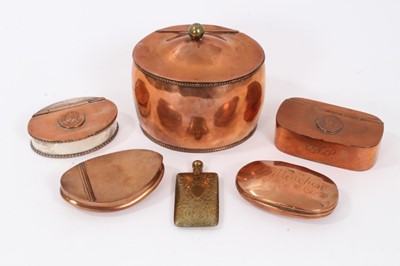 Lot 731 - Late 19th/early 20th century copper tea caddy, together with four 19th century copper snuff boxes and a brass scent bottle