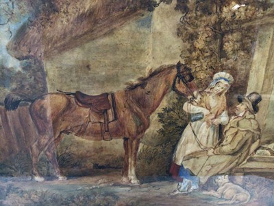 Lot 25 - Manner of George Morland, watercolour - 'A well-earned drink', in glazed oak frame