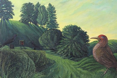 Lot 1589 - Terence Tasnane (b.1939) oil on canvas - Strange Birds, Devon, signed, inscribed verso and further signed, framed, 40cm x 50cm