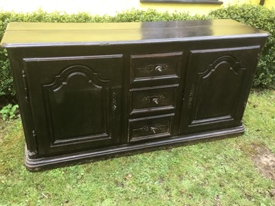 Lot 1513 - 18th century French oak sideboard, with rounded rectangular top, having three central drawers flanked by fielded arched panelled cupboards, 163c, wide x 46cm deep x 80cm high