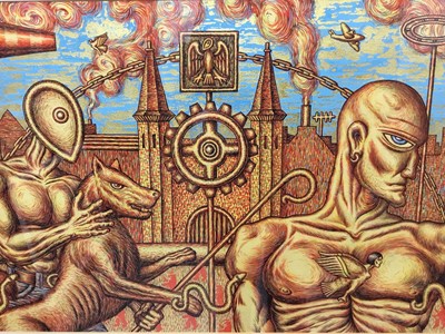 Lot 1595 - Murray Robertson (1961) silkscreen and gilt on paper - Mythical figures before a fortress, in glazed frame, 38cm x 56cm  
NB: Robertson is a member of the Glasgow Print Studio