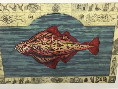 Lot 1598 - Murray Robertson (1961) signed limited edition etching - Flat Earth Theory No. 2: Natural Resources, 6/20, in glazed frame, 71cm x 101cm 
NB: Robertson is a member of the Glasgow Print Studio