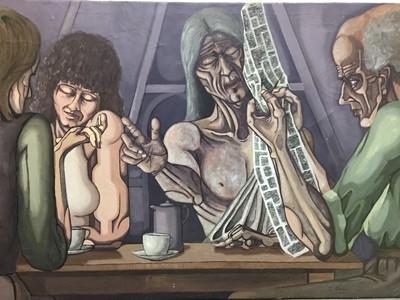 Lot 126 - J. Maskell, Suffolk School, 1970s oil on canvas - Figures at a Table, signed and dated 1975, unframed, 112cm x 175cm